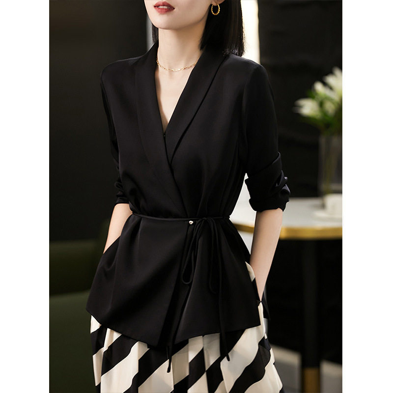Áo blazer nữ satin thắt eo dáng ôm kiểu Pháp thanh lịch — Trắng ngọc trai, Xám nhạt, Đen đá