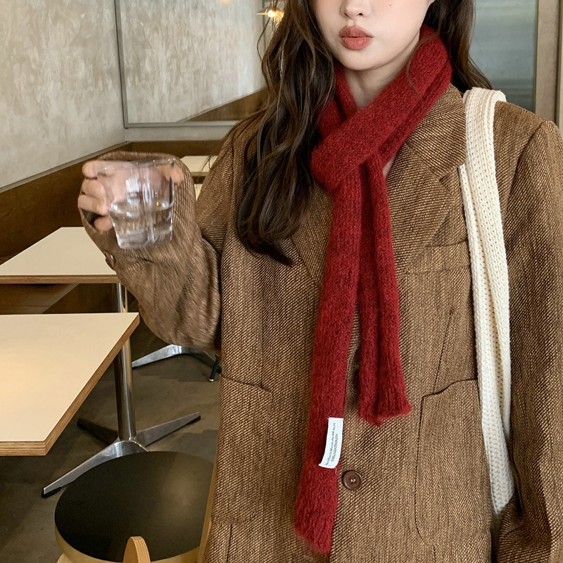 Albaca Alpaca Blended Long Micro-roll Retro Red New Year Spice Scarf Women's Fashionable Wear Scarf