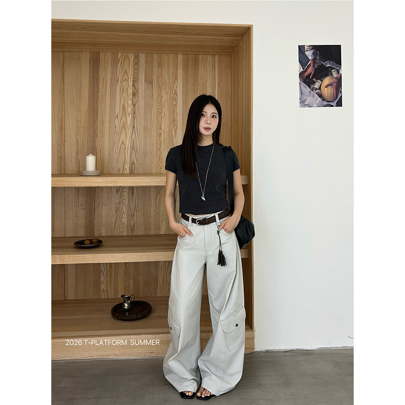 T-Platform Hot-Selling 2.0 American High Street Multi-Pocket Jeans Retro Floor-Length Work Pants Summer 68126-1
