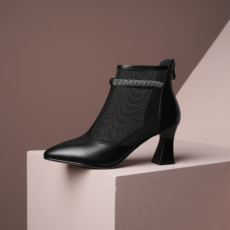 Boot ngắn nữ da bò cao gót lưới rỗng mùa xuân hè — Màu đen chi tiết 6