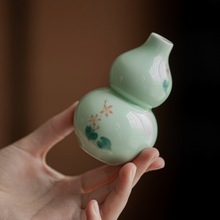 豆青葫芦小花插陶瓷手绘花瓶茶室茶桌装饰品摆件花器客厅插花中式