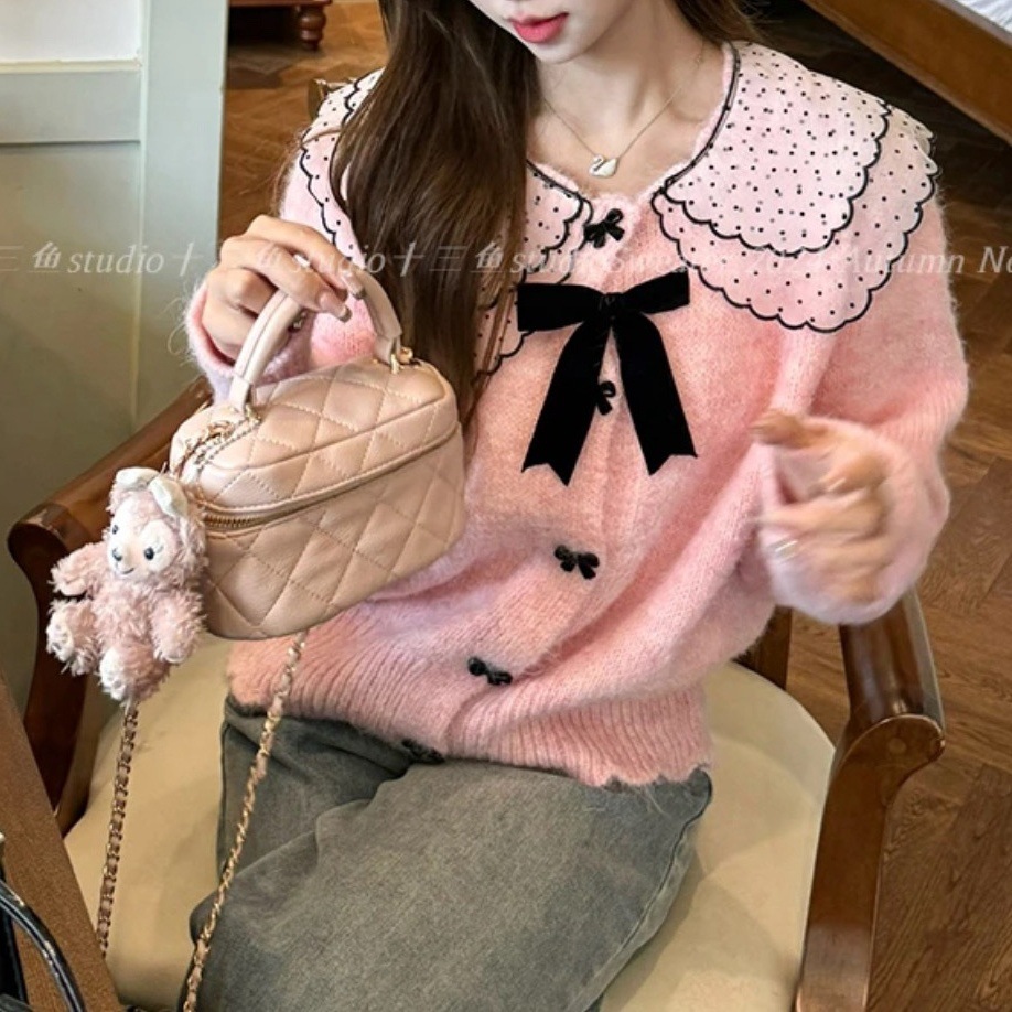 Õrn armas lipsuga nukukaelusega kampsun naistele, sügis ja talv, Korea pehme kleepuv kootud kardigan, trendikas topp_voghion.com