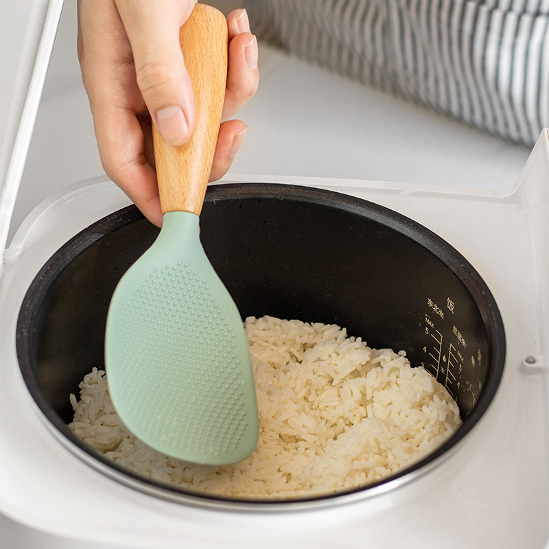 木製ハンドル垂直シリコンしゃもじ傷防止炊飯器ライナーノンスティックしゃもじスプーン家庭用スタンドアップしゃもじ|undefined