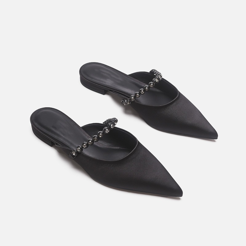 Silver Gemstone Chain Pointed Toe Mules For Women Elegant Flats_voghion.com