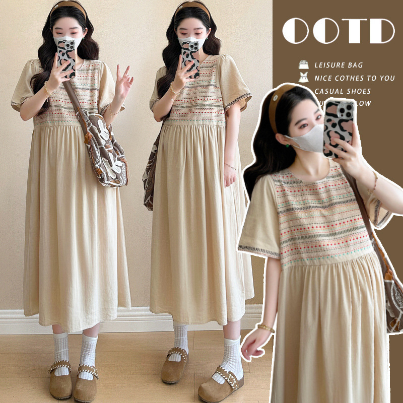 Real Shot of Ethnic Style Literary Style Embroidered Retro Dress Mid-Length Maternity Wear New Style Looks Good for Taking Photos