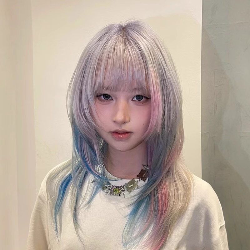 Wig Female Unicorn Powder Blue Gradient Clavicle Hair y2k Internet Red Asian Culture High Level Short Straight Hair Full Head Cover