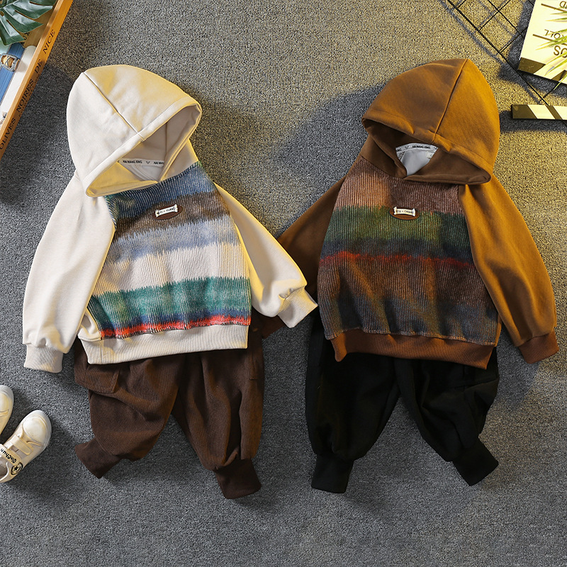 6095 Traje casual para niños Primavera y otoño 2024 Nuevo suéter con capucha para niños Traje de dos piezas de moda de otoño para bebés