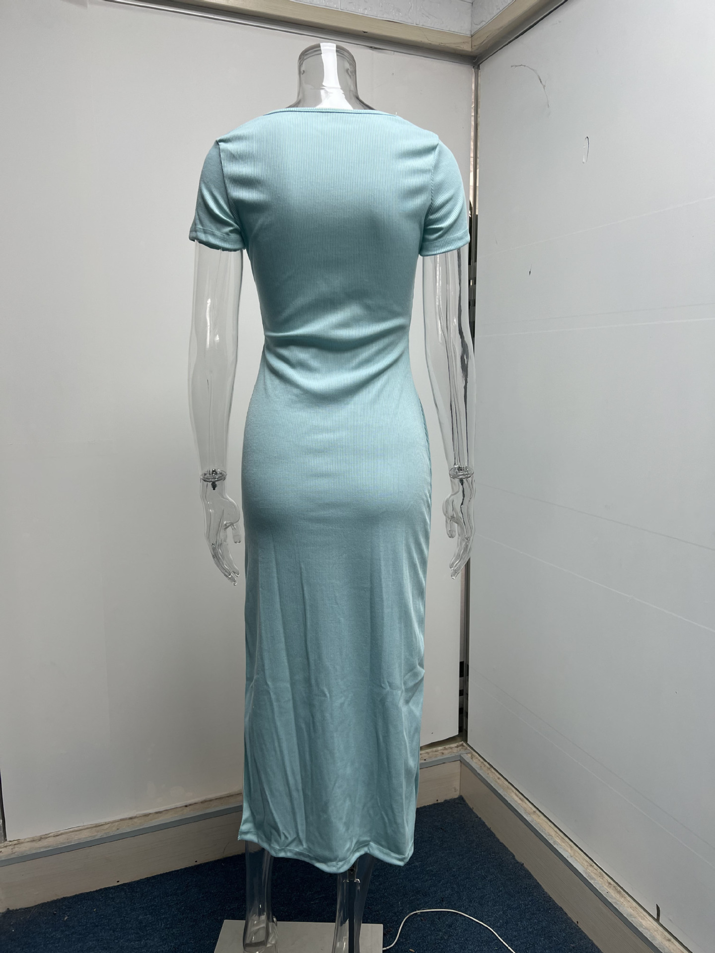 2022 Spring/Summer New Fashion Sexy Open Umbilical Split Lace Pleated Knit Dress_voghion.com
