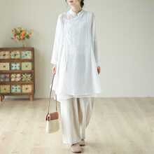 实拍现货白色棉麻女宽松茶服中式复古中国风文艺棉麻女装衬衫裙