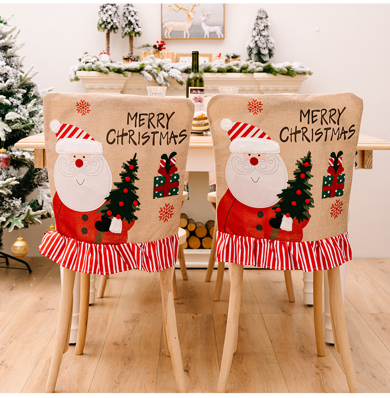 Χριστουγεννιάτικα στολίδια Γελοιογραφία δημιουργικό κάλυμμα καρέκλας Άγιου Βασίλη Κάλυμμα καρέκλας χιονάνθρωπος λινό ριγέ κάλυμμα σκαμπό_voghion.com