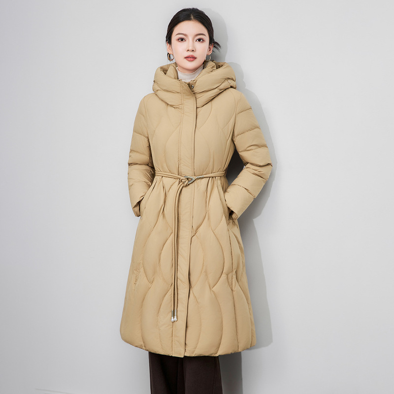 2514408- Thickened Lace-Up Waist 90 White Duck down Over-The-Knee Long down Jacket Jacket Hooded Windproof and Warm for Women