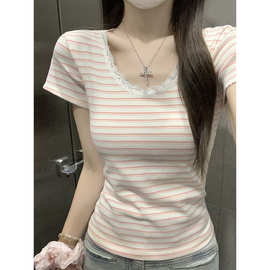 正肩辣妹风条纹蕾丝短袖t恤女夏季新款小个子短款时尚洋气ins上衣