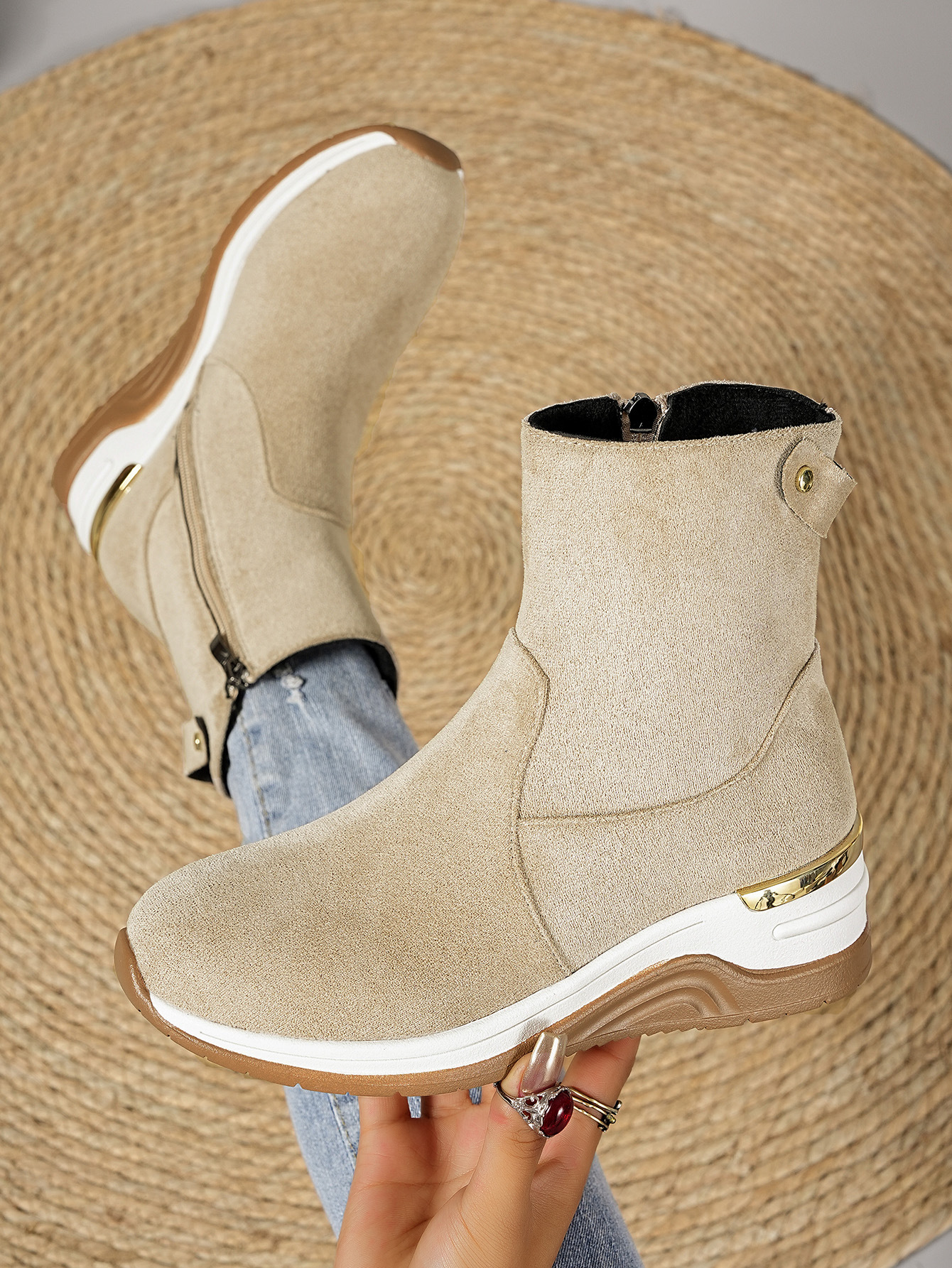 Women's Suede Wedge Ankle Boots With Side Zipper And Platform_voghion.com