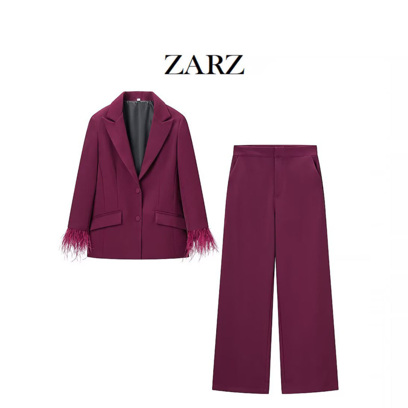 Zarz Homemade European and American Style New Women's Clothing Fashionable Feather Decorated Jacket High Waist Pants Suit