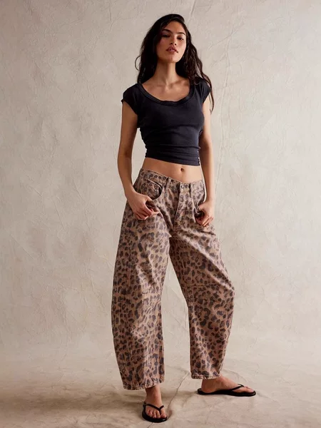 Cross-Border European and American Women's Fashion Autumn Loose Straight-Leg Jeans, Women's Wide-Leg Leopard Print Pants, Amazon Independent Site Dropshipping
