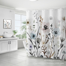 厂家直销现货水彩花朵数码印花防水防霉浴帘布卫生间浴室隔断帘子