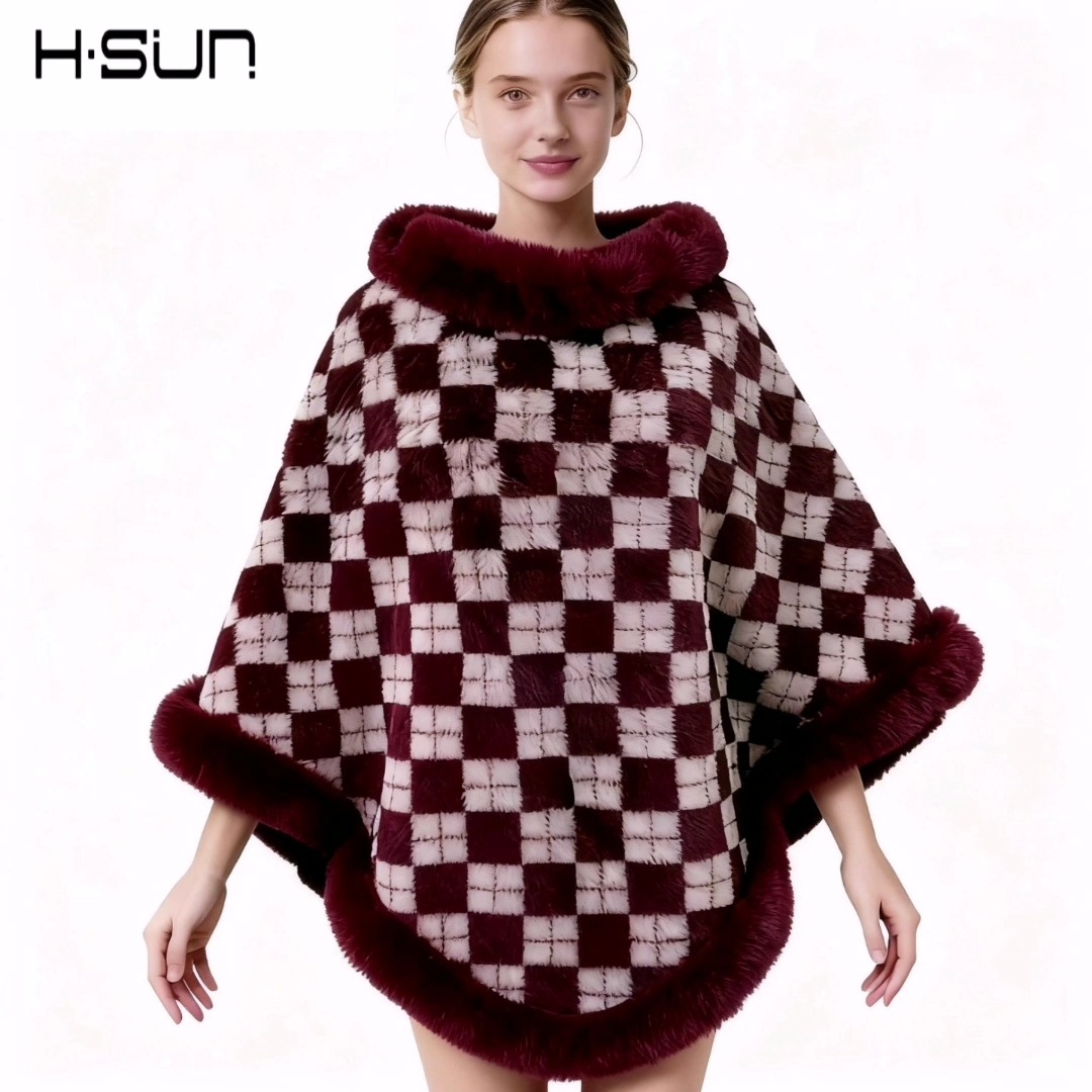 2024 otoño e invierno cuello de piel irregular a cuadros capa de contraste capa chal de mujer más capa de lana capa de terciopelo