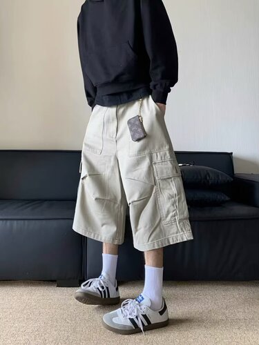 New summer thin loose wide-leg work shorts men's Japanese fashion brand ins straight casual elastic shorts