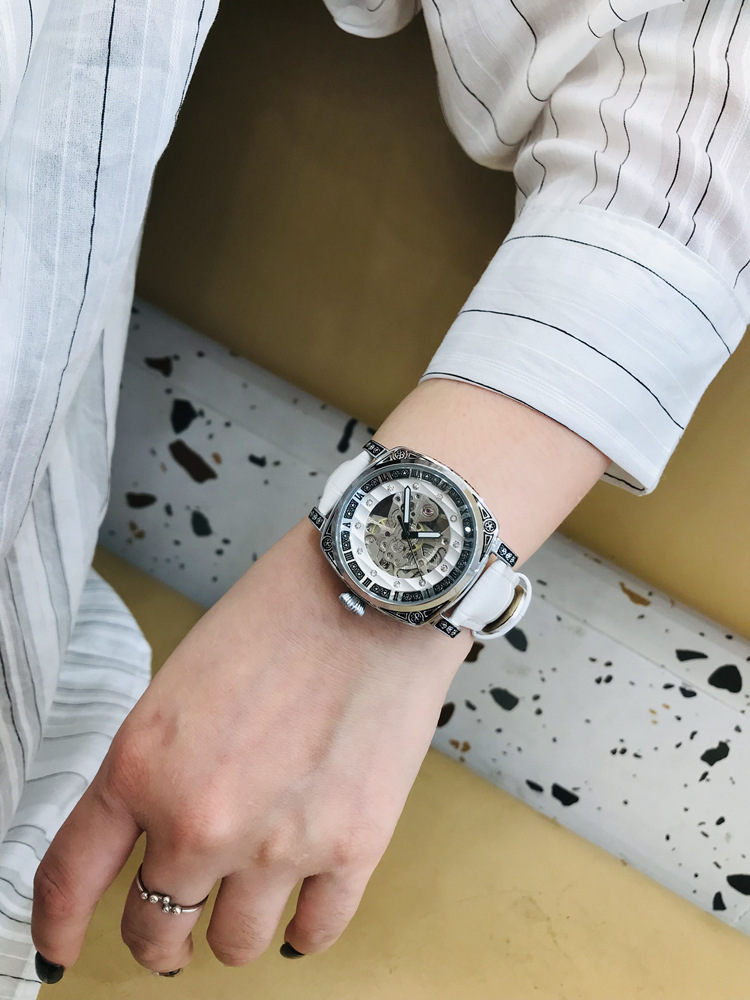 Double-sided hollow women's watch mechanical watch square retro carved Internet celebrity high-end couple watch men's watch belt_voghion.com