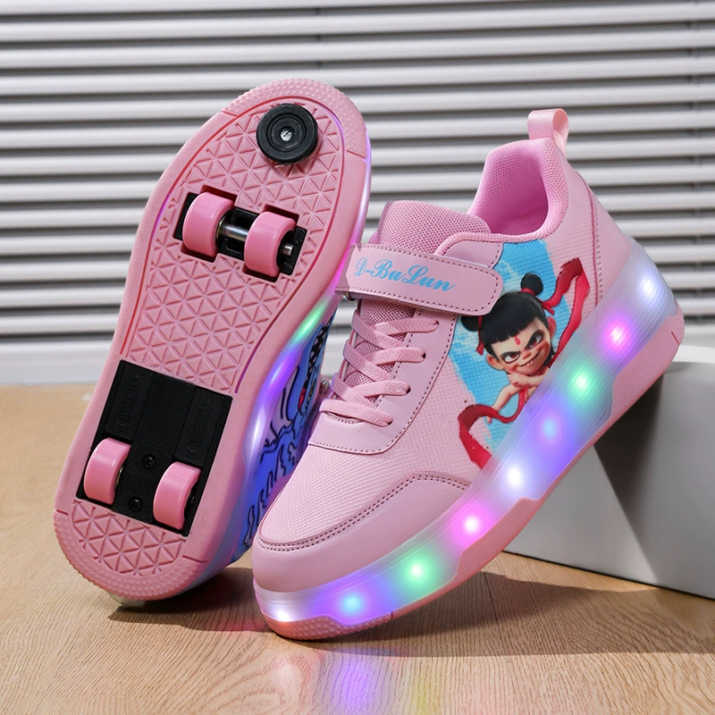 Детская обувь Heelys с героями мультфильмов Nata для девочек, выдвижные роликовые туфли для детей старшего возраста, студентов и мальчиков со светящимися огнями.
