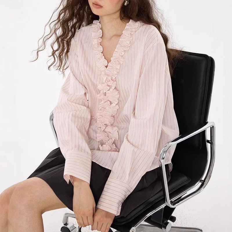 Striped Cotton Loose Slim-fit Lace Striped Shirt Early Spring New Casual All-match Top