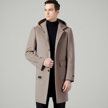 新款秋冬男士加厚加绒保暖连帽双面羊绒羊毛呢大衣中长款风衣外套