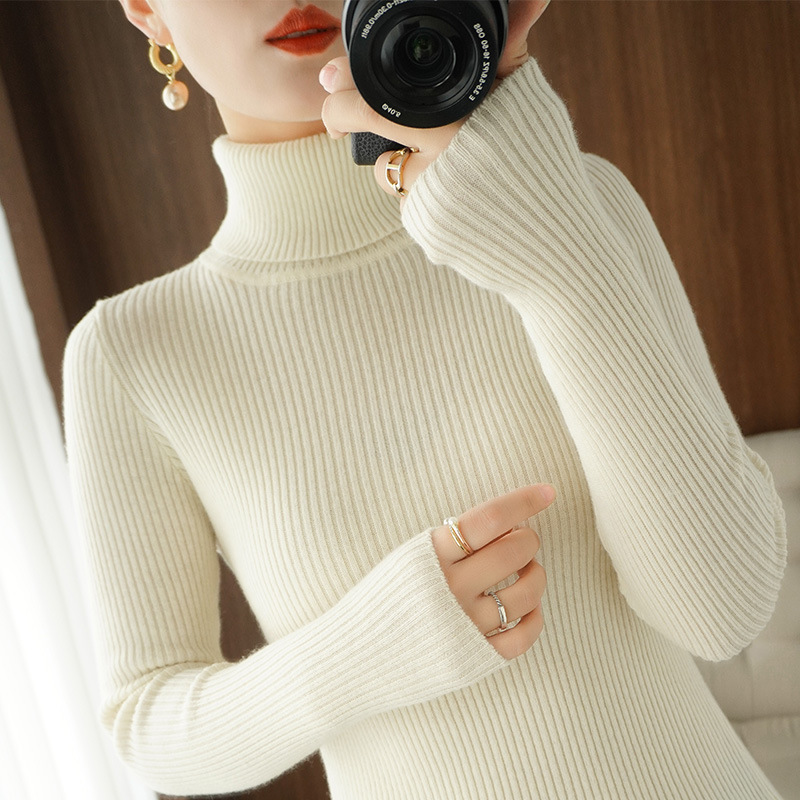 Wholesale Women's Turtleneck Striped Sweater Autumn and Winter Slim-fit Warm All-match Fashion Urban White Collar Inner Sweater