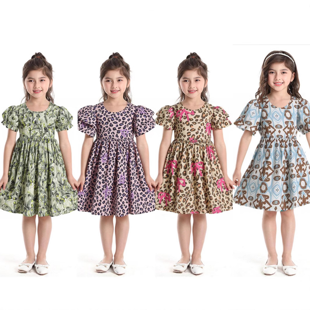 Vestido transfronterizo para niñas, abanico de moda, volantes, manga corta, verano, niña, dulce vestido pastoral, cuerda para el cabello gratis