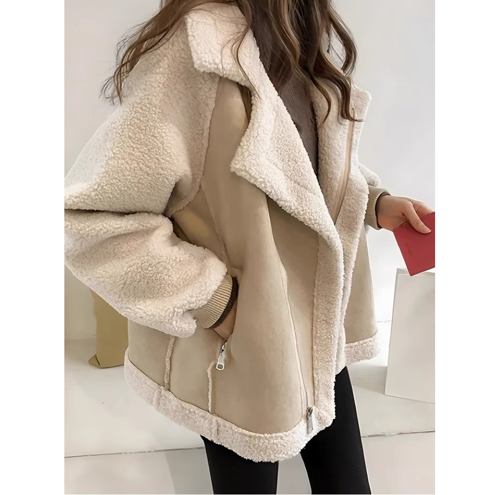 Women's Faux Shearling Jacket Autumn and Winter New Style Thickened Fur Integrated Petite Biker Jacket