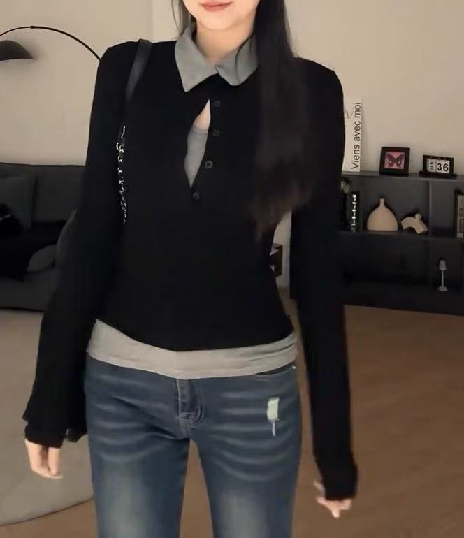 甜酷风POLO领撞色假两件长袖针织衫女秋季设计感修身显瘦气质上衣|undefined
