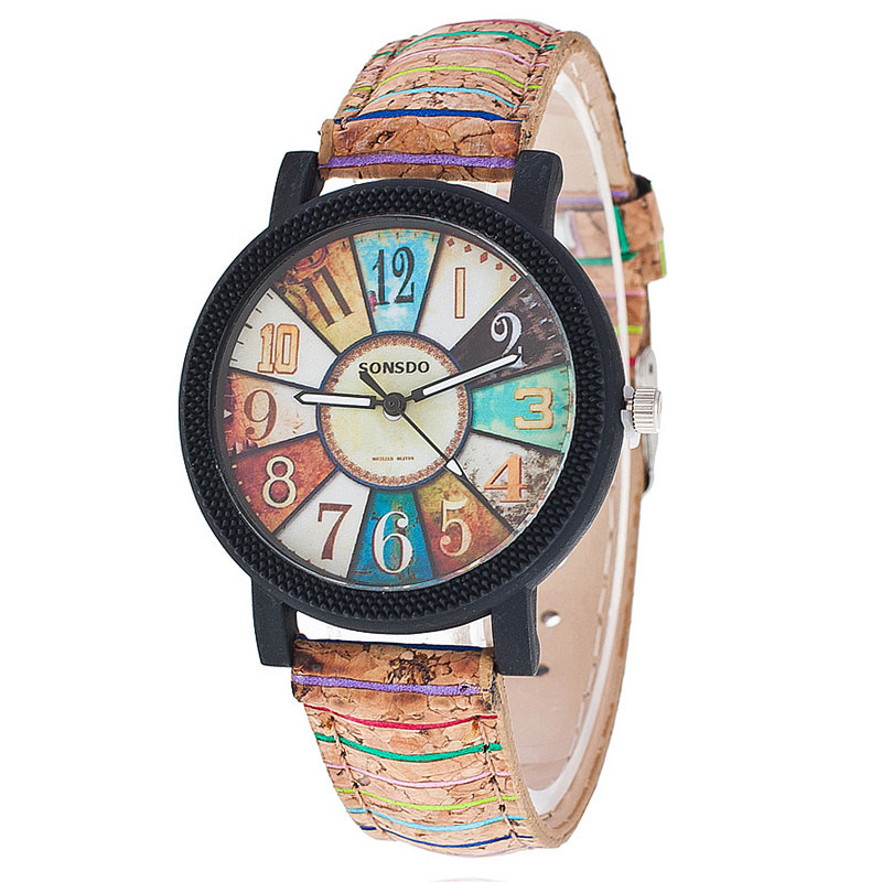 Orologio da donna con giradischi in legno, modello vintage a strisce, in pelle, casual, alla moda_voghion.com