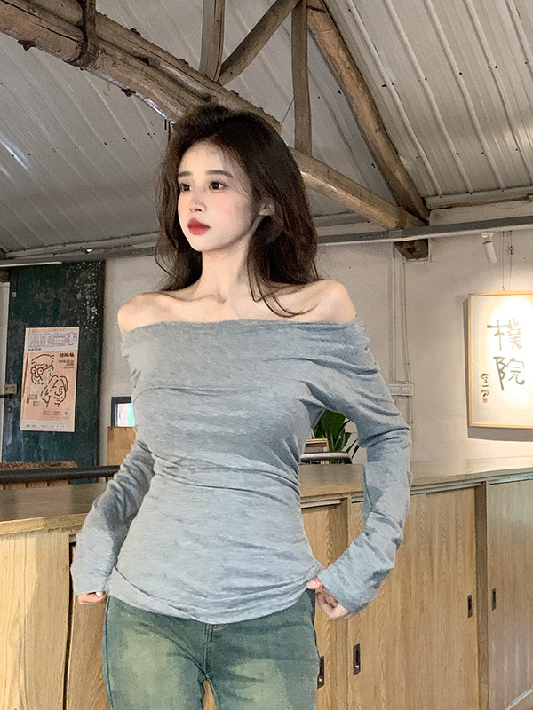实拍260G人棉磨毛长袖t恤女2025初秋新款纯色修身打底衫斜领上衣|undefined