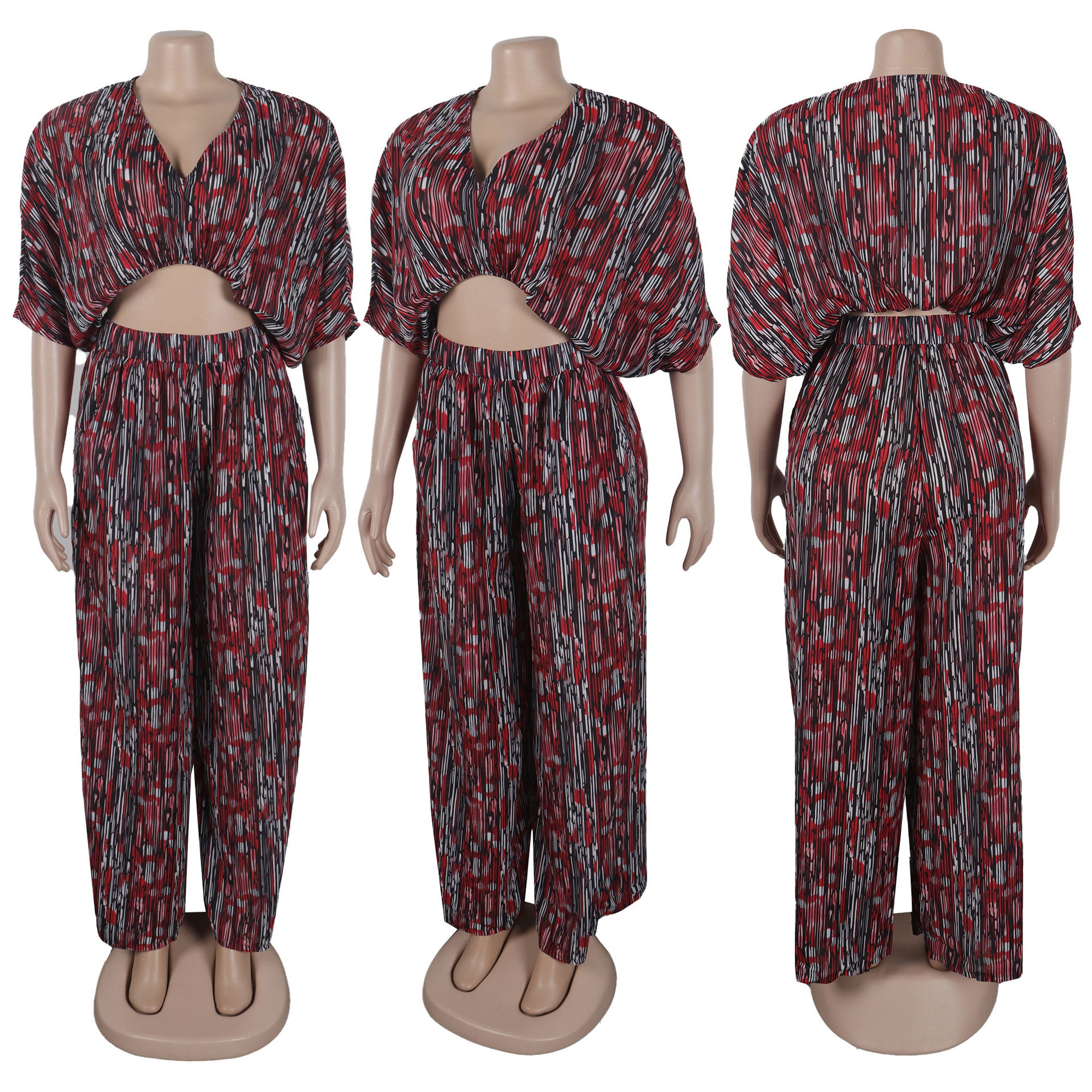 Women Popular Printed Contrast Color V-neck Wide Leg Two Piece Set 19 Women Popular Printed Contrast Color V-neck Wide Leg Two Piece Set