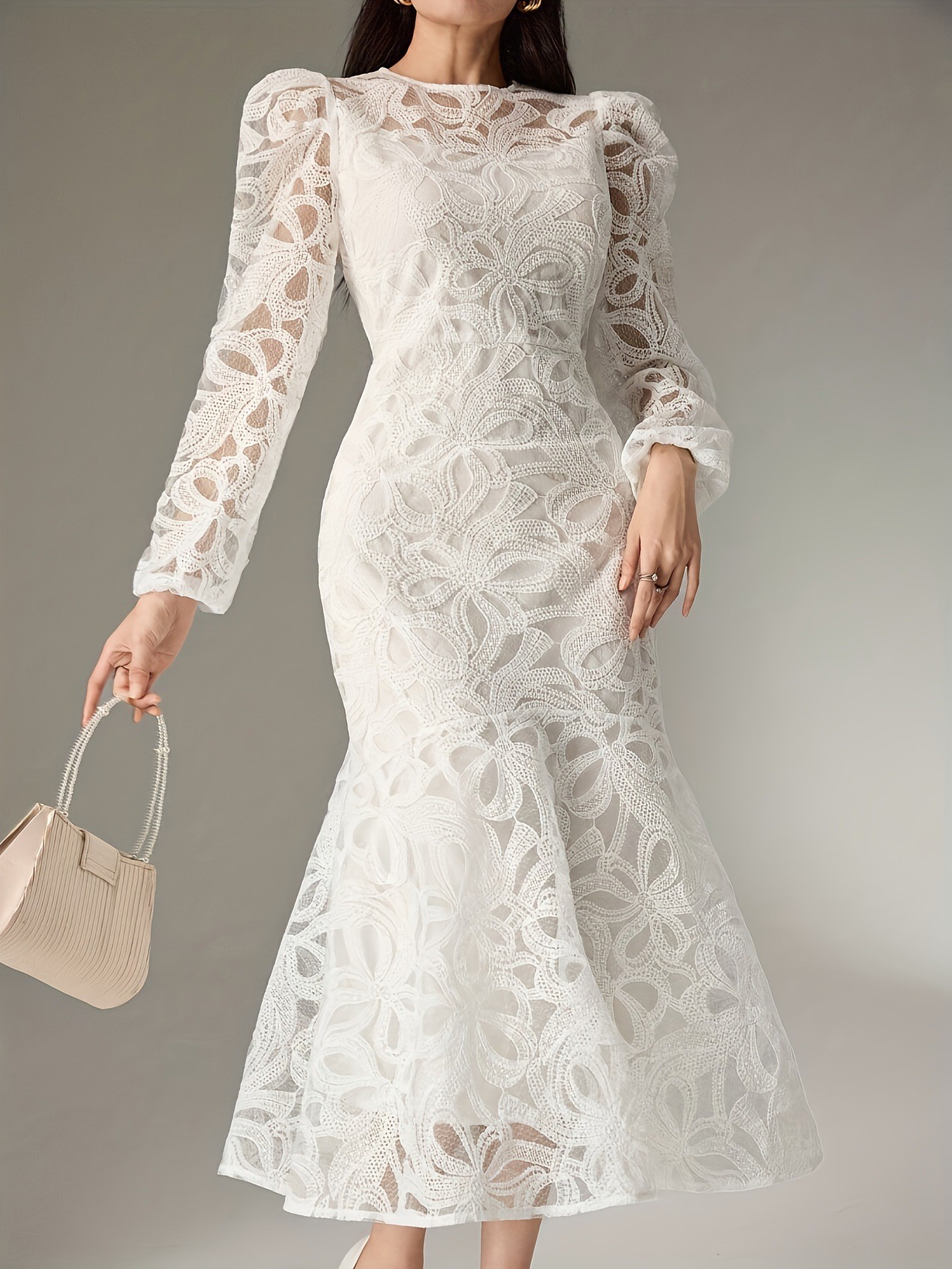 Retro lace elegant white long-sleeve