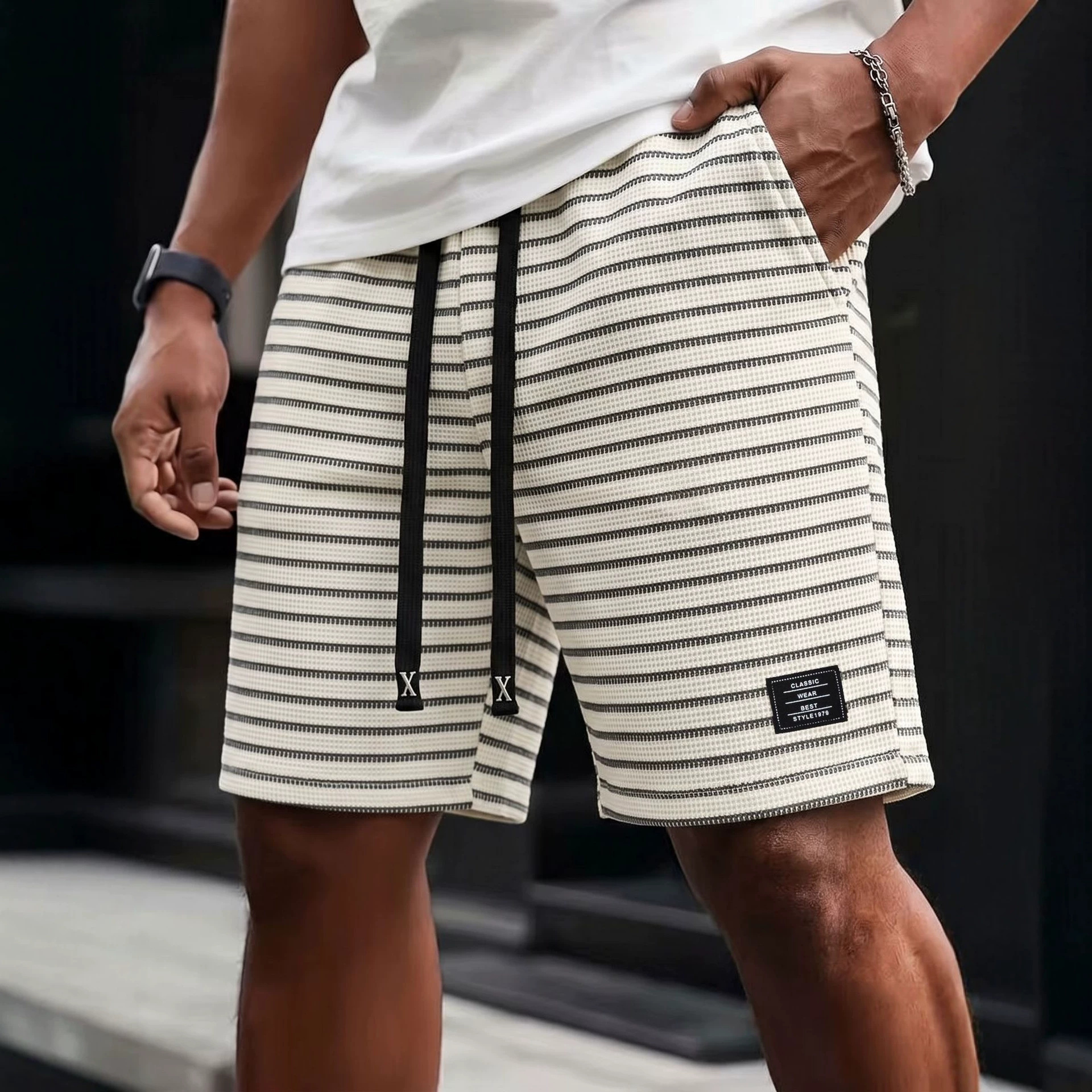 Men's Summer Sports Casual mid Length Striped Shorts American Style Trendy Loose Breathable Five Point Beach Pants_viptrois.com