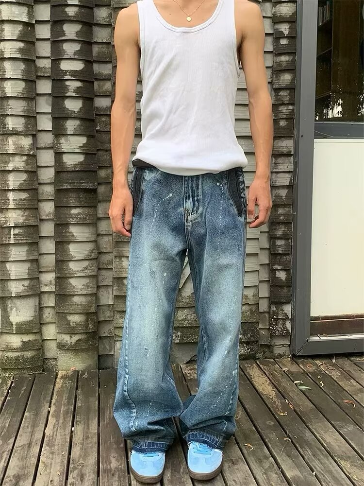 Men's Oversized Relaxed Fit Jeans Streetwear Splatter Wash Vintage Blue Paint Effect Denim (XS-3XL)_mkmklike.com