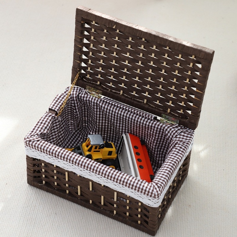 Cesta de almacenamiento de tejido de caña con cubierta de bambú rectangular caja de almacenamiento doméstica tela de mano tela de tela de
