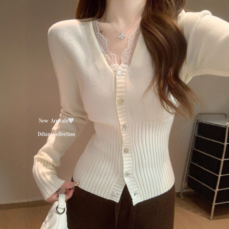 Miu V-Neck Lace Splicing Bottoming Shirt for Women in Early Spring Pure Desire Inner Waist Sweater Cashmere Knitted Cardigan Top Miu V-Neck Lace Splicing Bottoming Shirt for Women in Early Spring Pure Desire Inner Waist Sweater Cashmere Knitted Cardigan Top