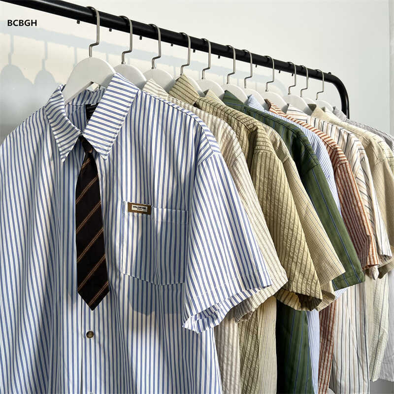 A generation of hair tie short sleeve shirt Japanese small fresh striped shirt dk male and female lovers loose shirt