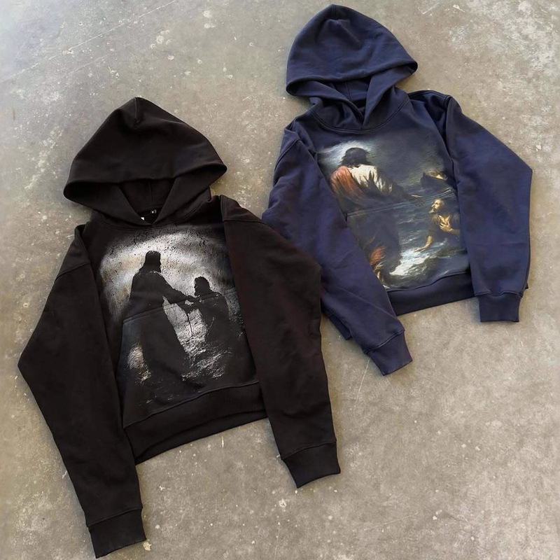 European and American Cross-Border Street Art Style Hand-Painted Style Printed Loose Version Retro Mid-Century Style Hooded Sweatshirt Y2K