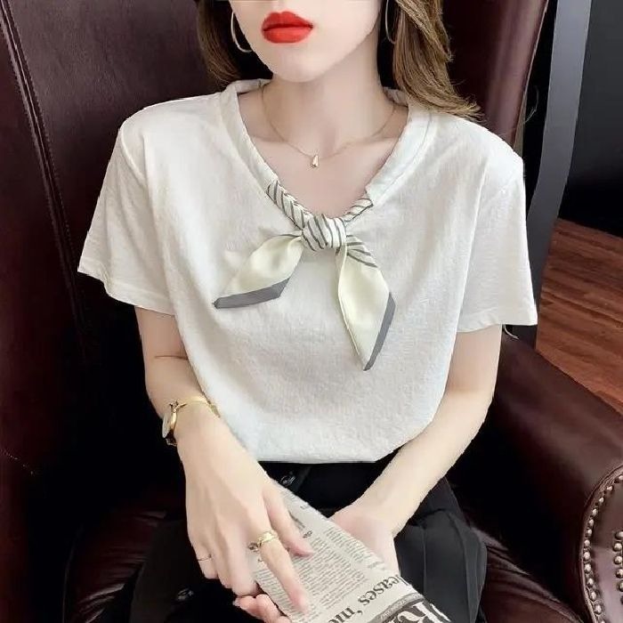 夏季2025年新款夏装众蝴蝶结纯棉短袖T恤女装宽高端别致减龄上衣|undefined