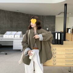 韩系条纹拼接工装风衣外套女秋季2025新款小个子宽松炸街短款大衣
