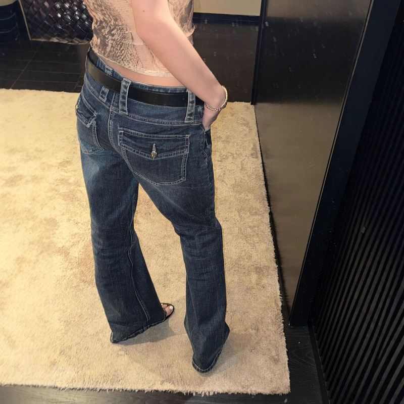 Sunoneon Cat Whisker Slim Fit Flared Jeans for Women, New American Retro Casual Low Waist Pants for Autumn