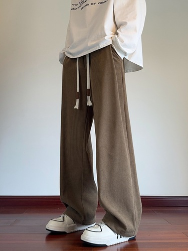 Men's Corduroy Pants for Autumn/Winter with Fleece Lining and Thickening, Trendy Brand American Heavyweight Casual Long Pants, Loose Straight-Tube Wide Leg Pants