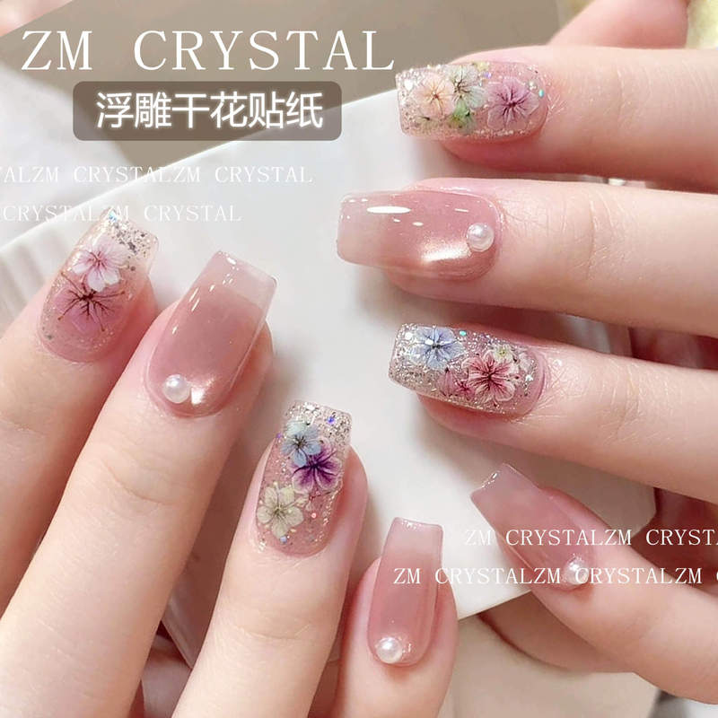Zm New Spring Dried Flower Nail Stickers Three-Dimensional Pure Desire Flower Decoration Popular Embossed Nail Patches