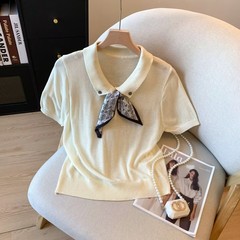Gejiaショッピングモールの同スタイルレディース2025夏ポロカラーシルクスカーフデザイン半袖ニッチ軽量スリムTシャツ