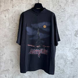 重磅-巴黎B家埃菲尔铁塔喷墨涂鸦水洗做旧破坏T恤情侣世家tee上衣