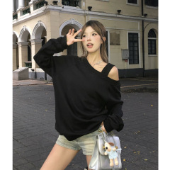 辣妹斜肩长袖卫衣女秋季2025新款设计感小众慵懒别致露肩纯色上衣