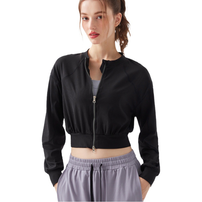 Ropa de yoga deportiva costilla abrigo corto cremallera de doble cabeza chaqueta expuesta a la cintura de las mujeres de secado rápido Delgado adelgazante top de manga larga