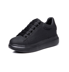 Women's Full-Black Genuine Leather Thick-Heeled Miniature Shoes for European Market - Style 313233, Casual White Sneakers